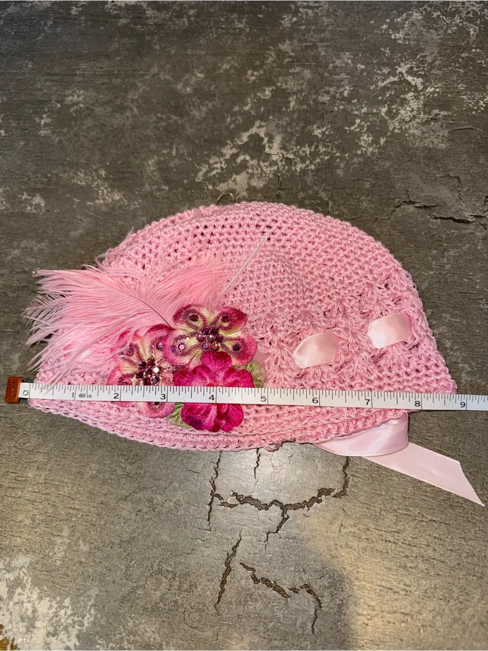 Pink Floral Crochet Baby Hat with Feather Accent